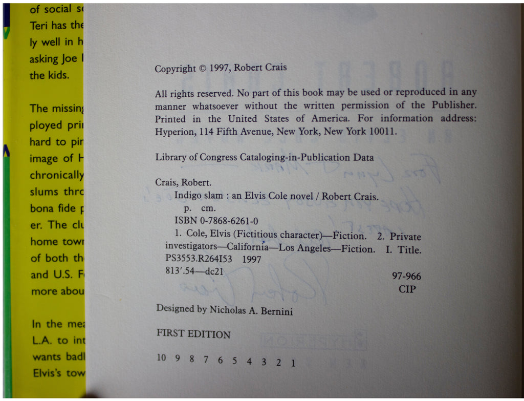 ROBERT CRAIS SIGNED Indigo Slam 1ST EDITION Hardcover 1997 Elvis Cole PI Mystery
