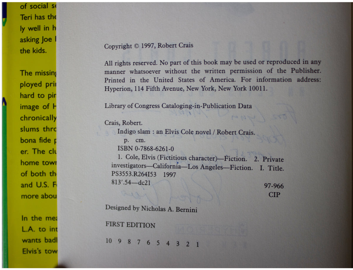 ROBERT CRAIS SIGNED Indigo Slam 1ST EDITION Hardcover 1997 Elvis Cole PI Mystery