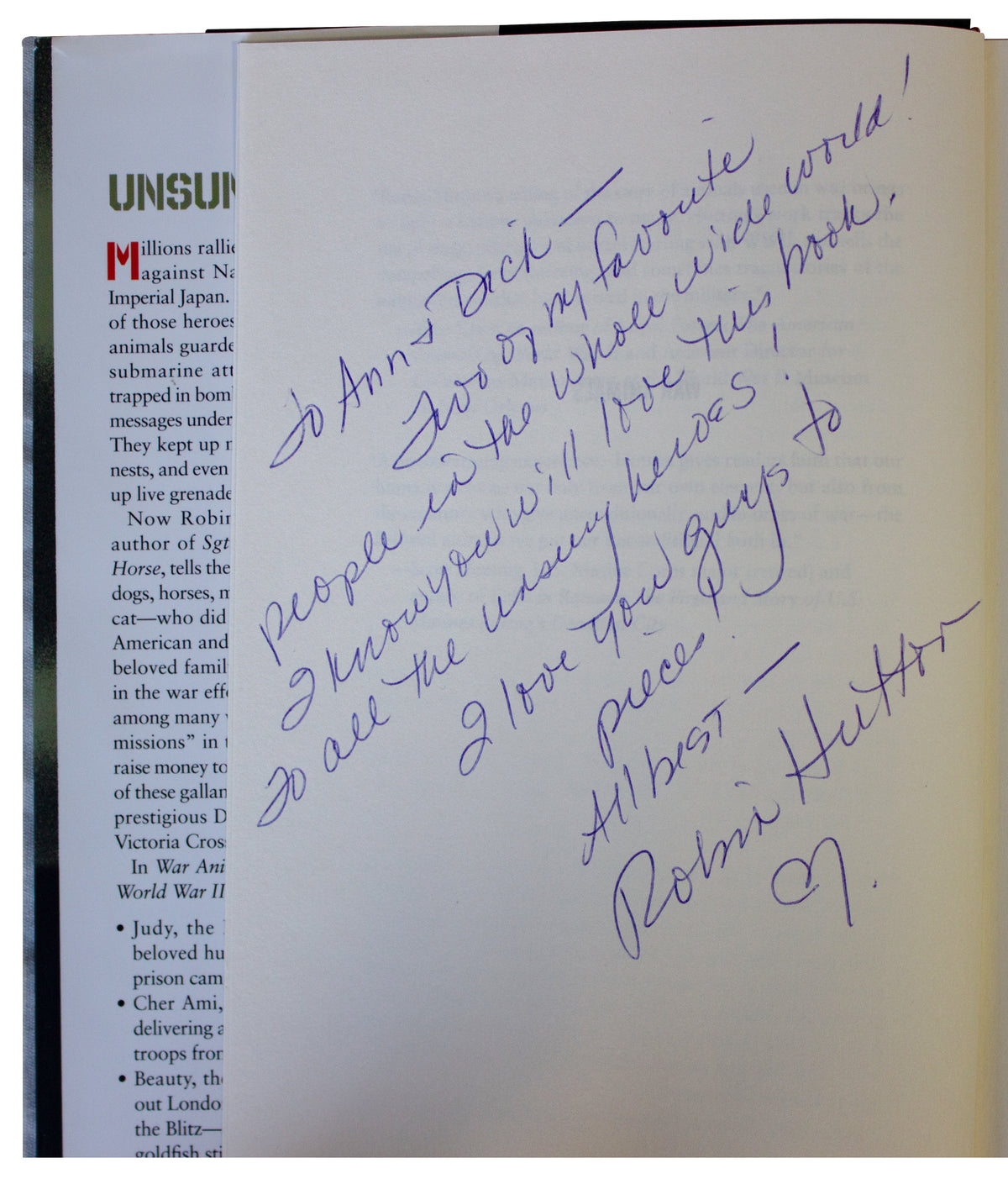 WAR ANIMALS Robin Hutton SIGNED 1ST EDITION Hardcover WWII History Military HC