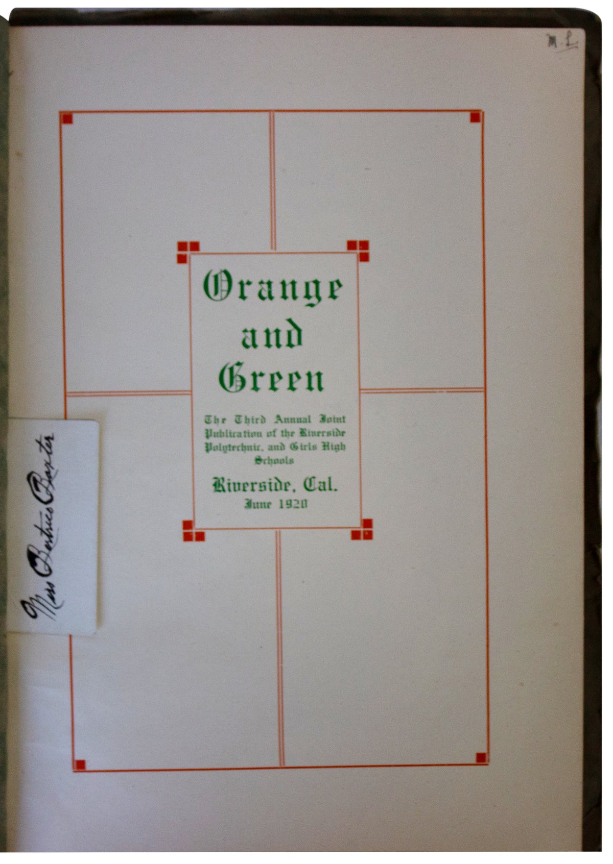 RIVERSIDE POLYTECHNIC & Girls High School 1920 YEARBOOK Orange & Green SoCal CA