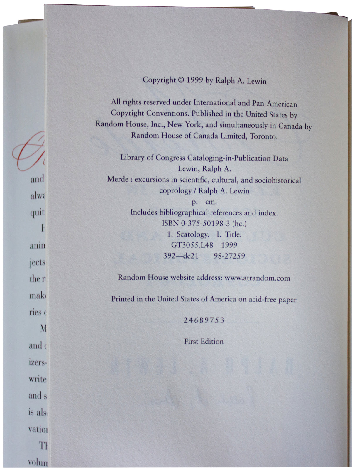 RALPH A. LEWIN SIGNED Merde 1ST EDITION 1999 Hardcover Scatology History HCDJ