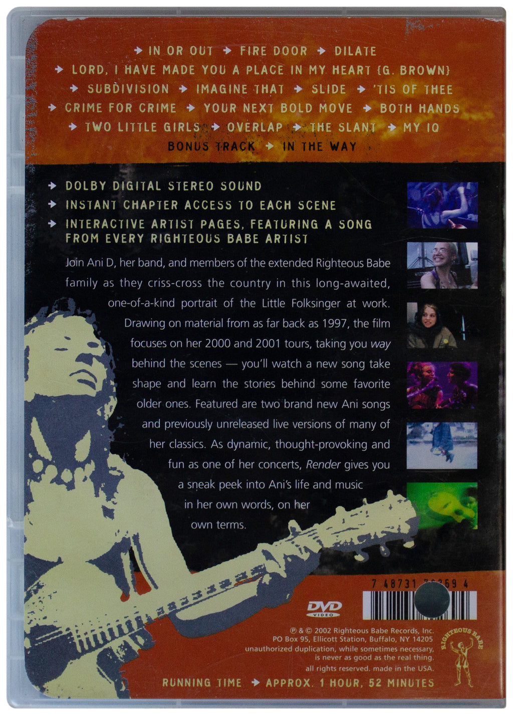 ANI DIFRANCO SIGNED Render DVD AUTOGRAPHED Righteous Babe Records Folk Rock SSW