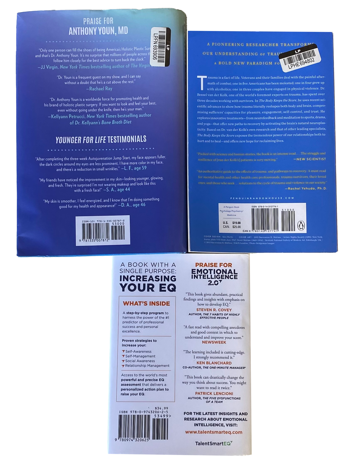 LOT Of 3 SELF CARE BOOKS Body Keeps Score Emotional Intelligence Younger For Lif