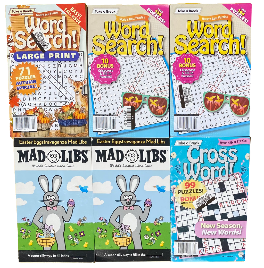 BRAIN GAME 6 BOOK LOT Word Search Crossword Puzzle Mad Libs Fun Mind Activities