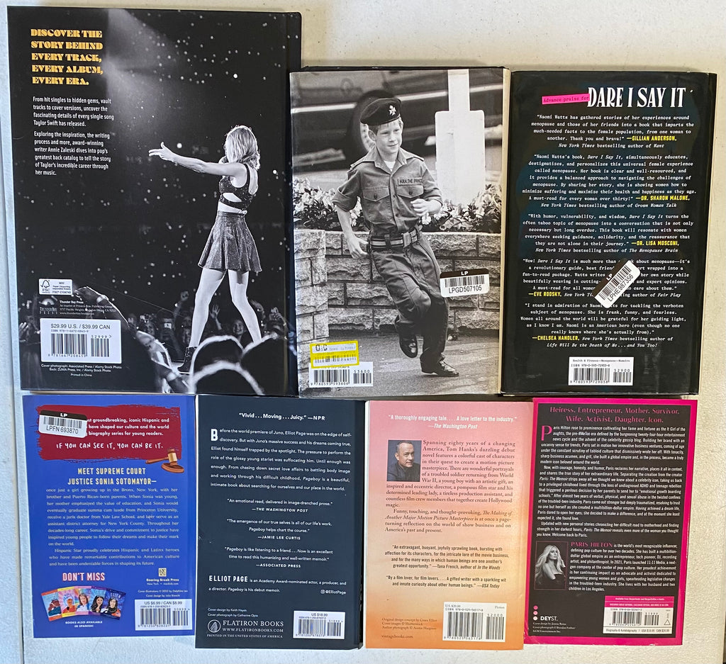 LOT OF 7 CELEBRITY MEMOIR & BIO BOOKS Taylor Swift Prince Harry Paris Hilton Etc