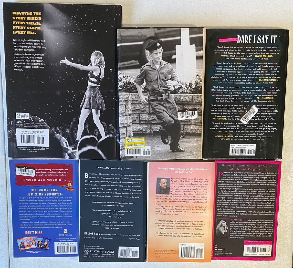 LOT OF 7 CELEBRITY MEMOIR & BIO BOOKS Taylor Swift Prince Harry Paris Hilton Etc