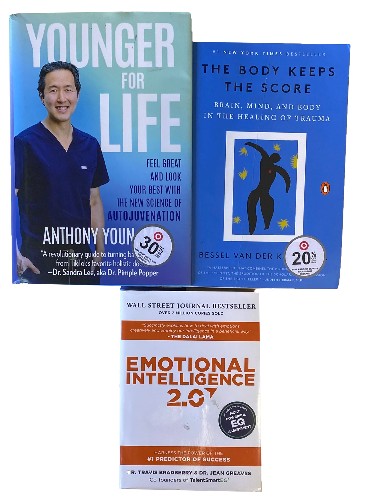 LOT Of 3 SELF CARE BOOKS Body Keeps Score Emotional Intelligence Younger For Lif