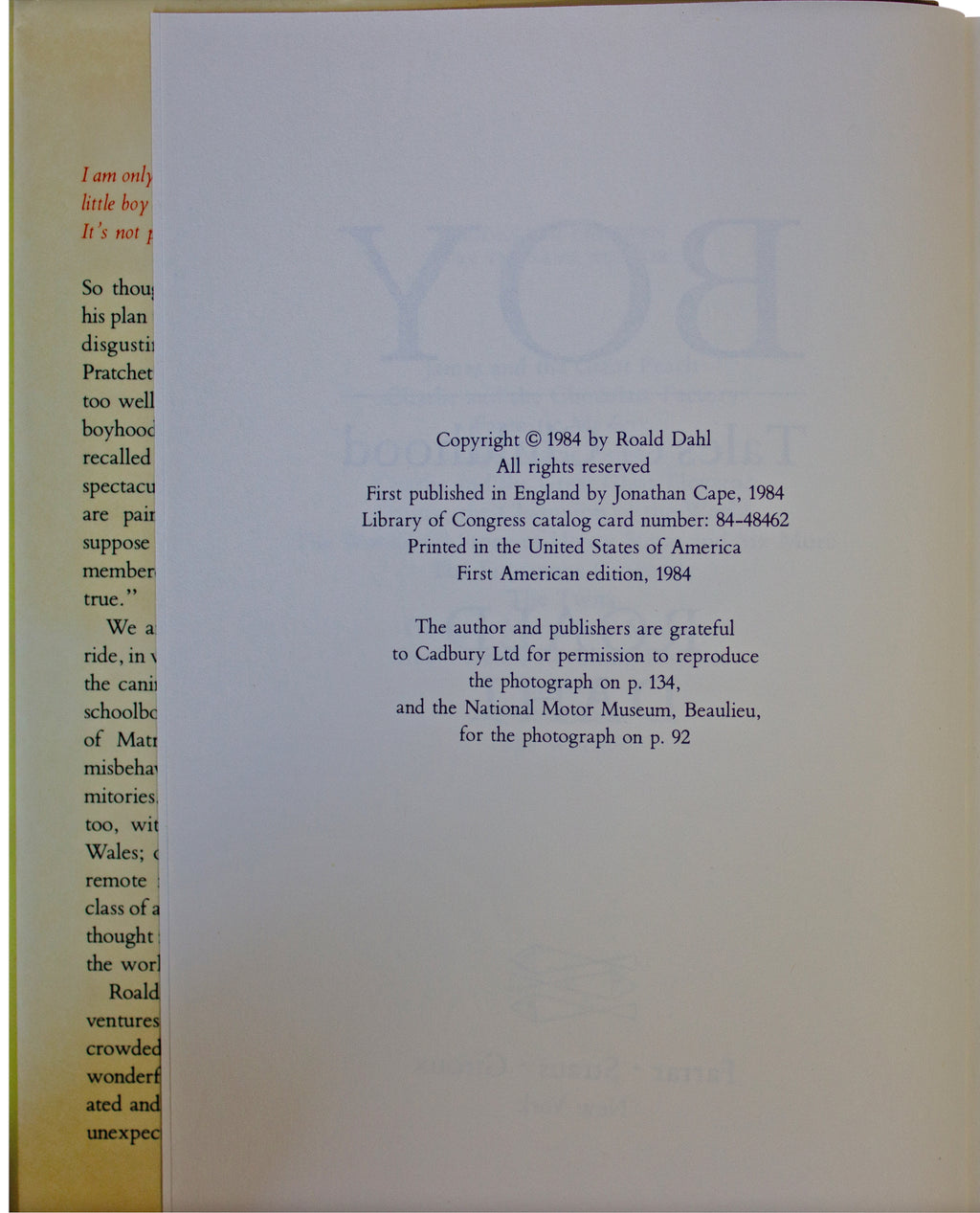 ROALD DAHL Boy 1ST US EDITION Hardcover w/ Dustjacket 1984 Autobiography VTG 80s