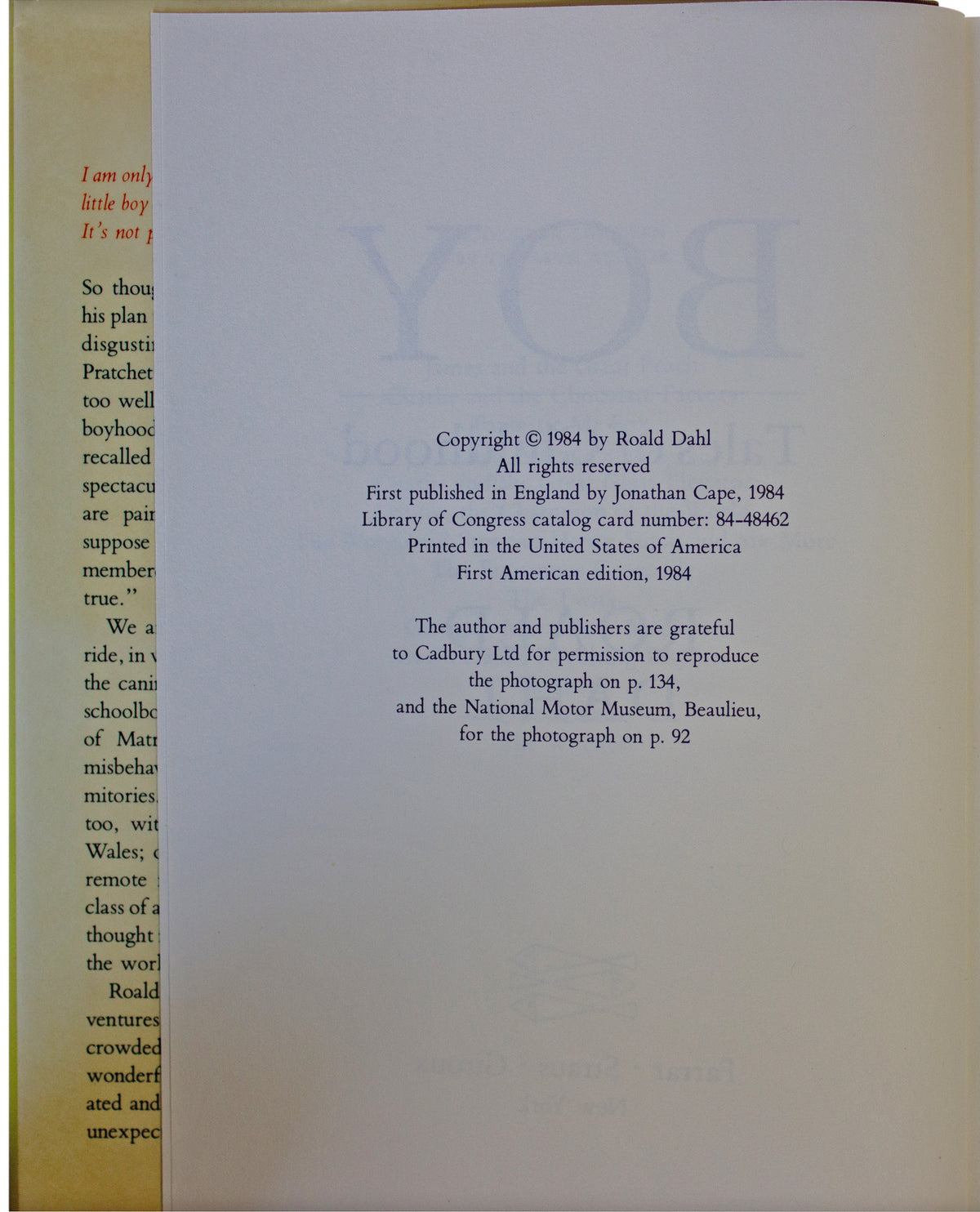 ROALD DAHL Boy 1ST US EDITION Hardcover w/ Dustjacket 1984 Autobiography VTG 80s