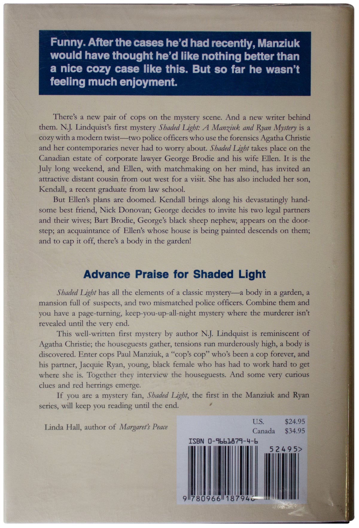N.J. LINDQUIST SIGNED Shaded Light 1ST EDITION Hardcover Toronto Murder Mystery