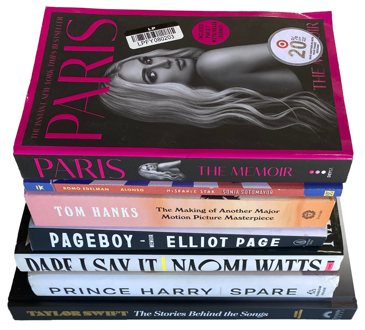 LOT OF 7 CELEBRITY MEMOIR & BIO BOOKS Taylor Swift Prince Harry Paris Hilton Etc