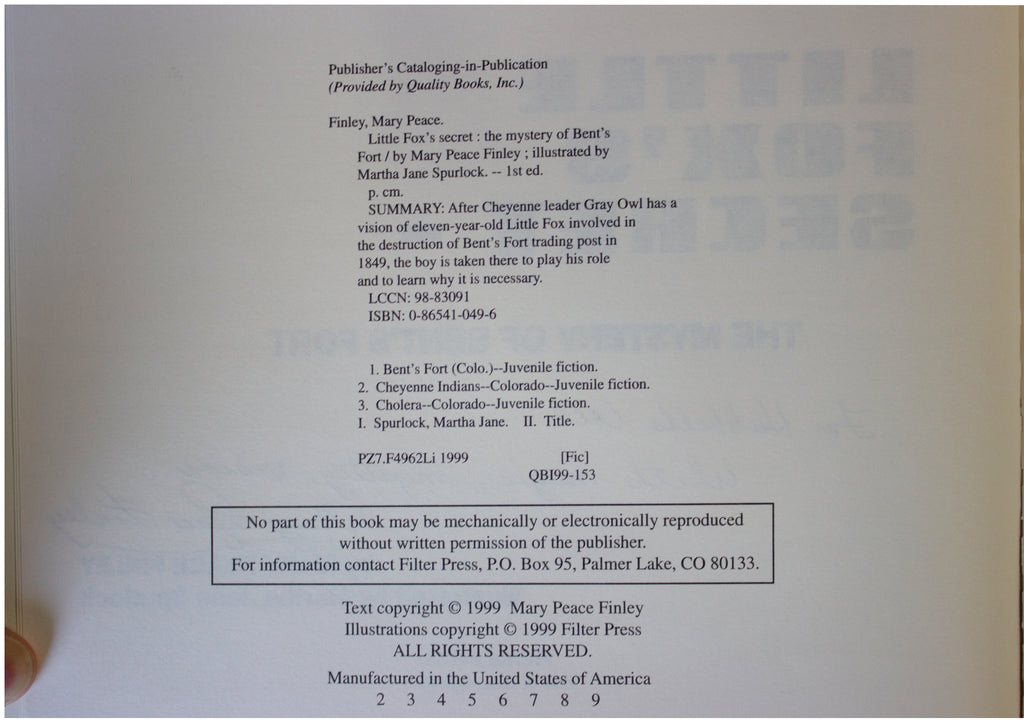 MARY PEACE FINLEY SIGNED Little Fox's Secret BOOK 1999 Kids Historical Fiction