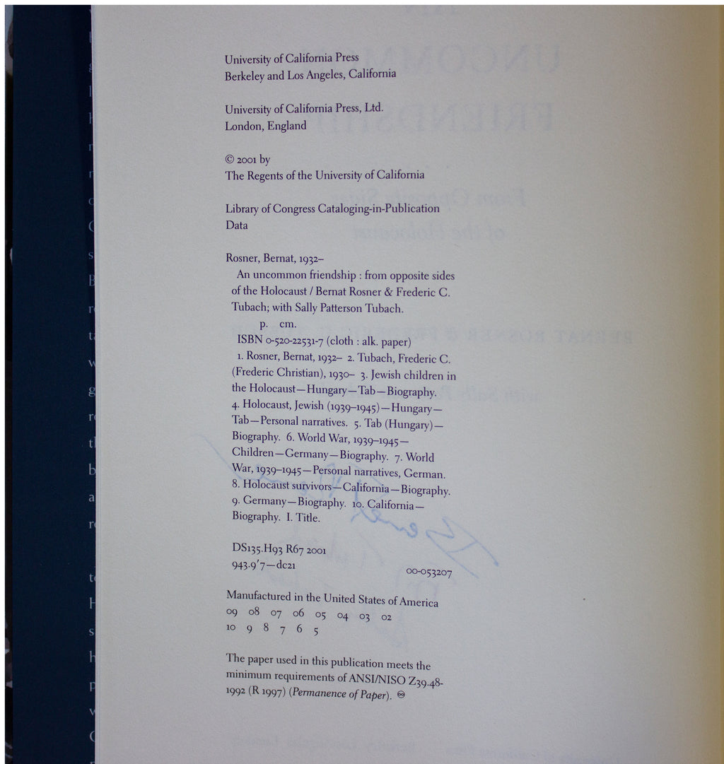 TUBACH & ROSNER SIGNED Uncommon Friendship 1ST EDITION Hardback Holocaust Memoir
