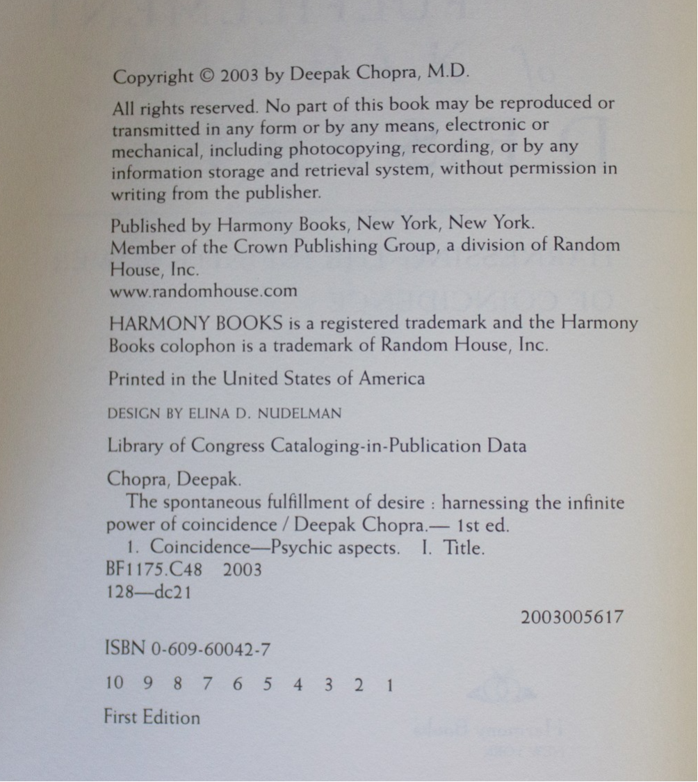 DEEPAK CHOPRA SIGNED Spontaneous Fulfillment Of Desire 1ST EDITION Synchronicity