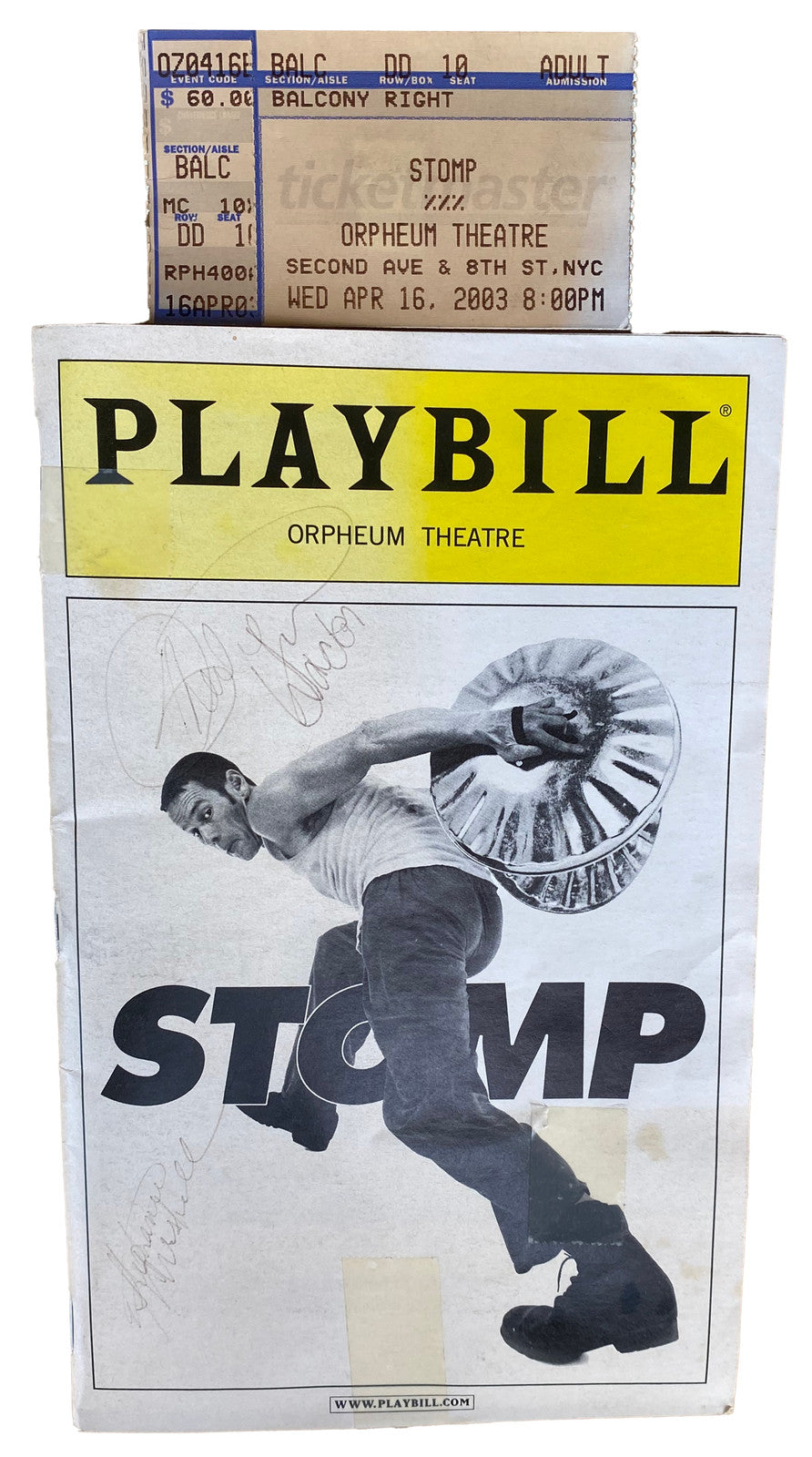 STOMP PLAYBILL & Ticket 2X SIGNED VTG 2003 Orpheum Theatre NYC Off BROADWAY Show