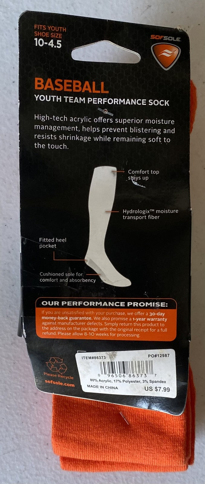 New SOF SOLE Orange BASEBALL SOCKS 2 PAIR Pack YOUTH SMALL (Yth 10 ~ Adult 4.5)