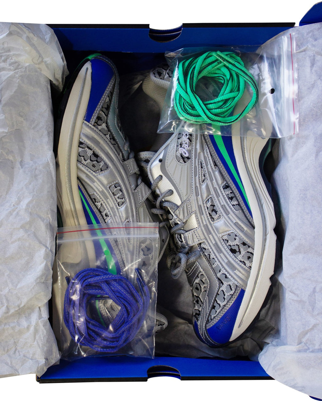 New AWAKE NY x ASICS GEL-PRELEUS SHOES Size 12 Silver Blue Leopard NIB 940015010