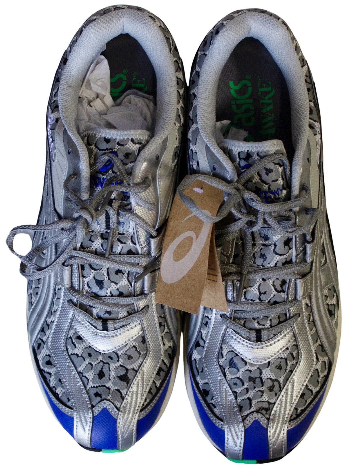 New AWAKE NY x ASICS GEL-PRELEUS SHOES Size 12 Silver Blue Leopard NIB 940015010