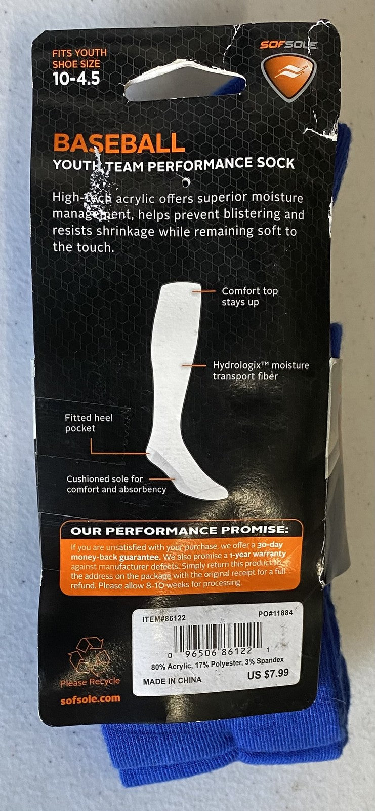 New SOF SOLE Blue BASEBALL SOCKS 2 PAIR Pack YOUTH SMALL (Youth 10 ~ Adult 4.5)