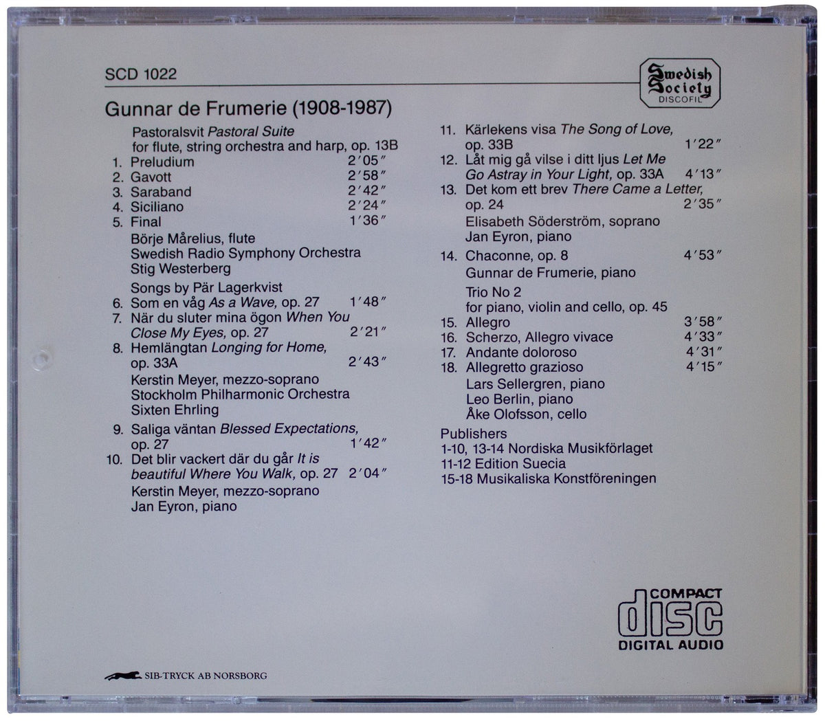 GUNNAR DE FRUMERIE CD Pastoral Suite OOP 1988 Swedish Society SCD 1022 RARE !