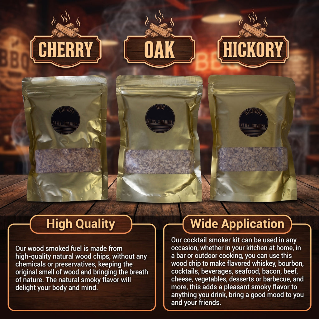 SMOKING CHIP LOT Of 3 Neon Sunrise Cherry/Oak/Hickory 4 Oz Ea BBQ Cocktail Smoke