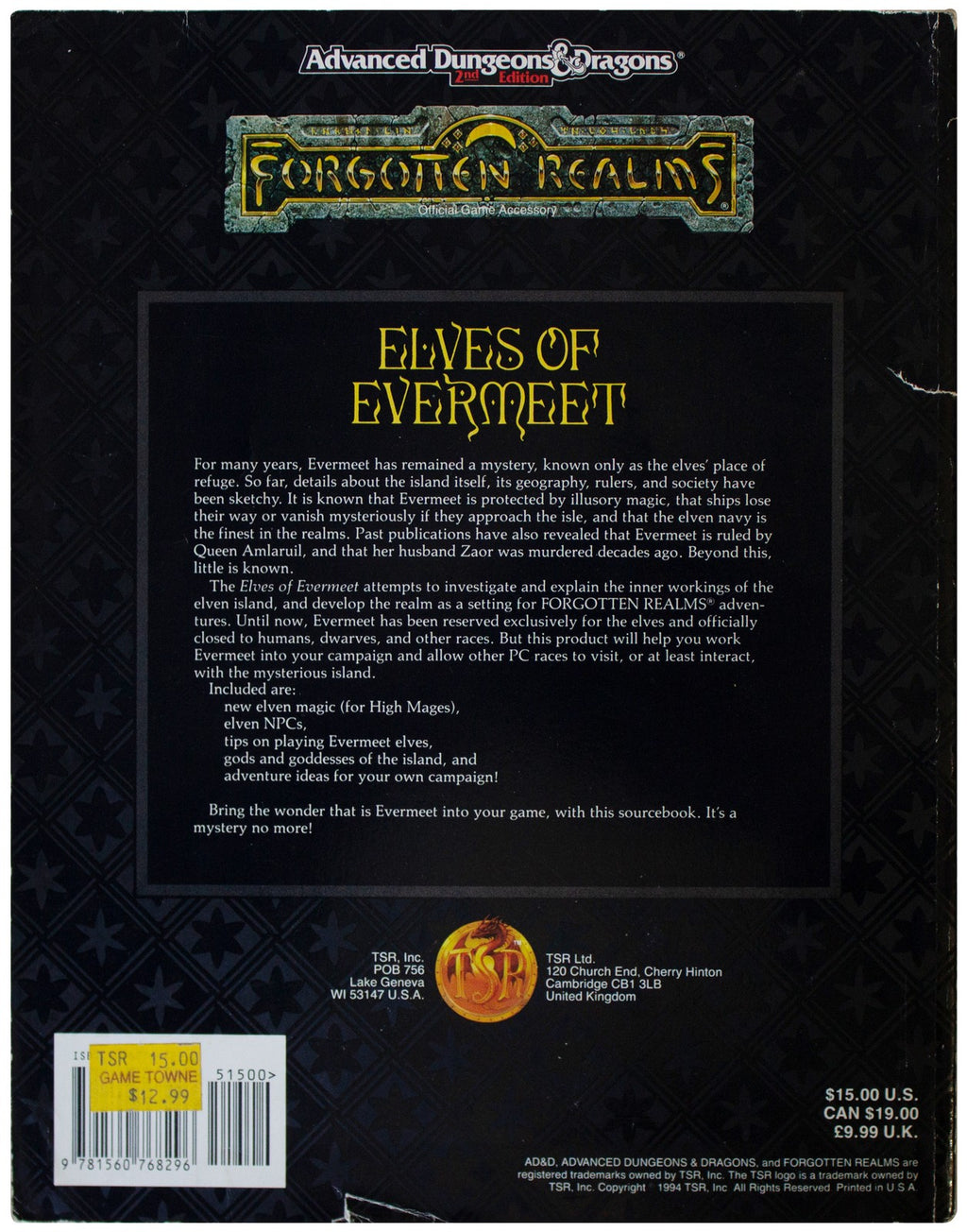 AD&D ELVES OF EVERMEET Sourcebook 1994 2nd Edition TSR 9430 Forgotten Realms D&D