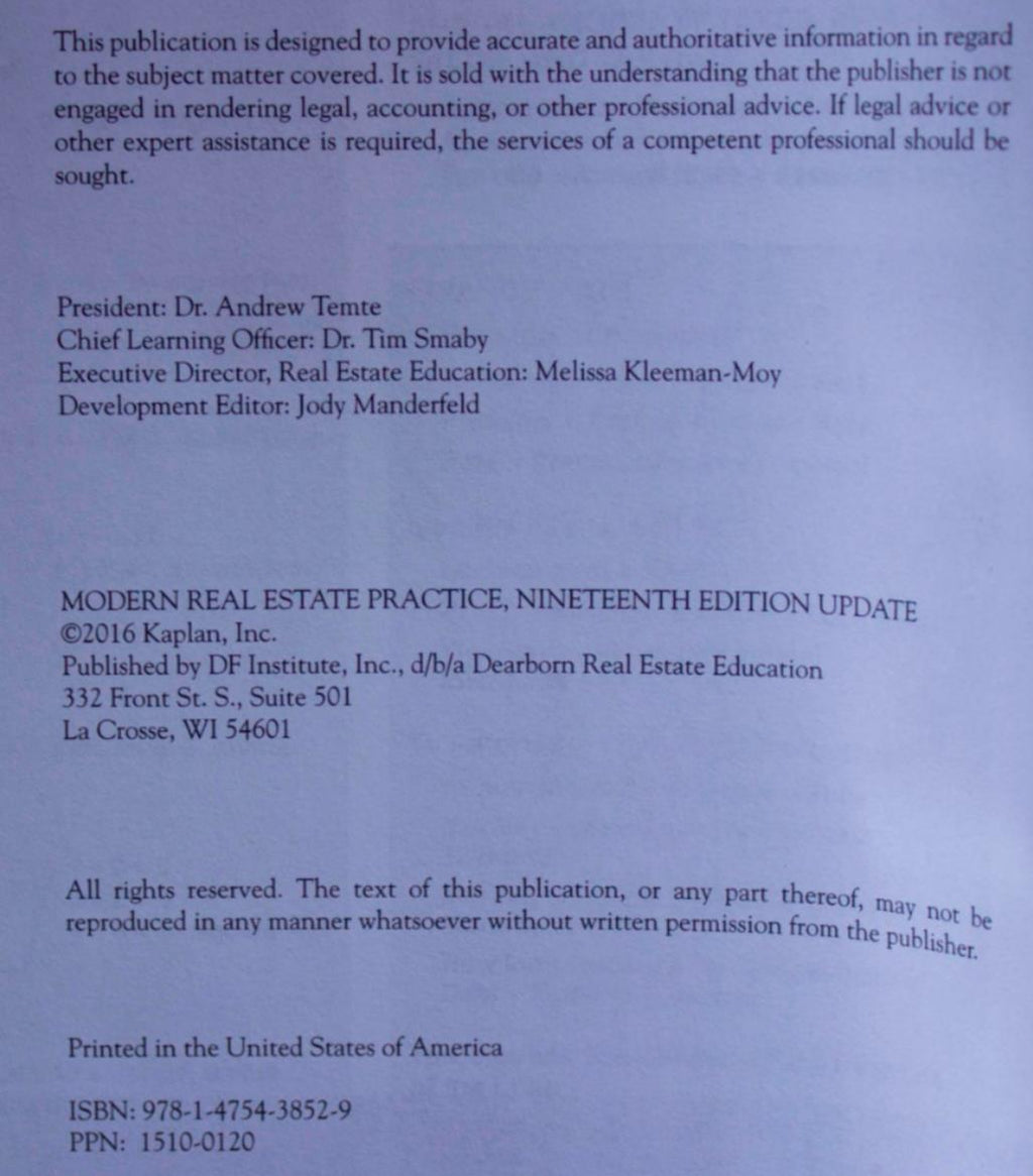 KEY REALTY SCHOOL Modern Real Estate Practice BOOK 19th Edition Update Paperback