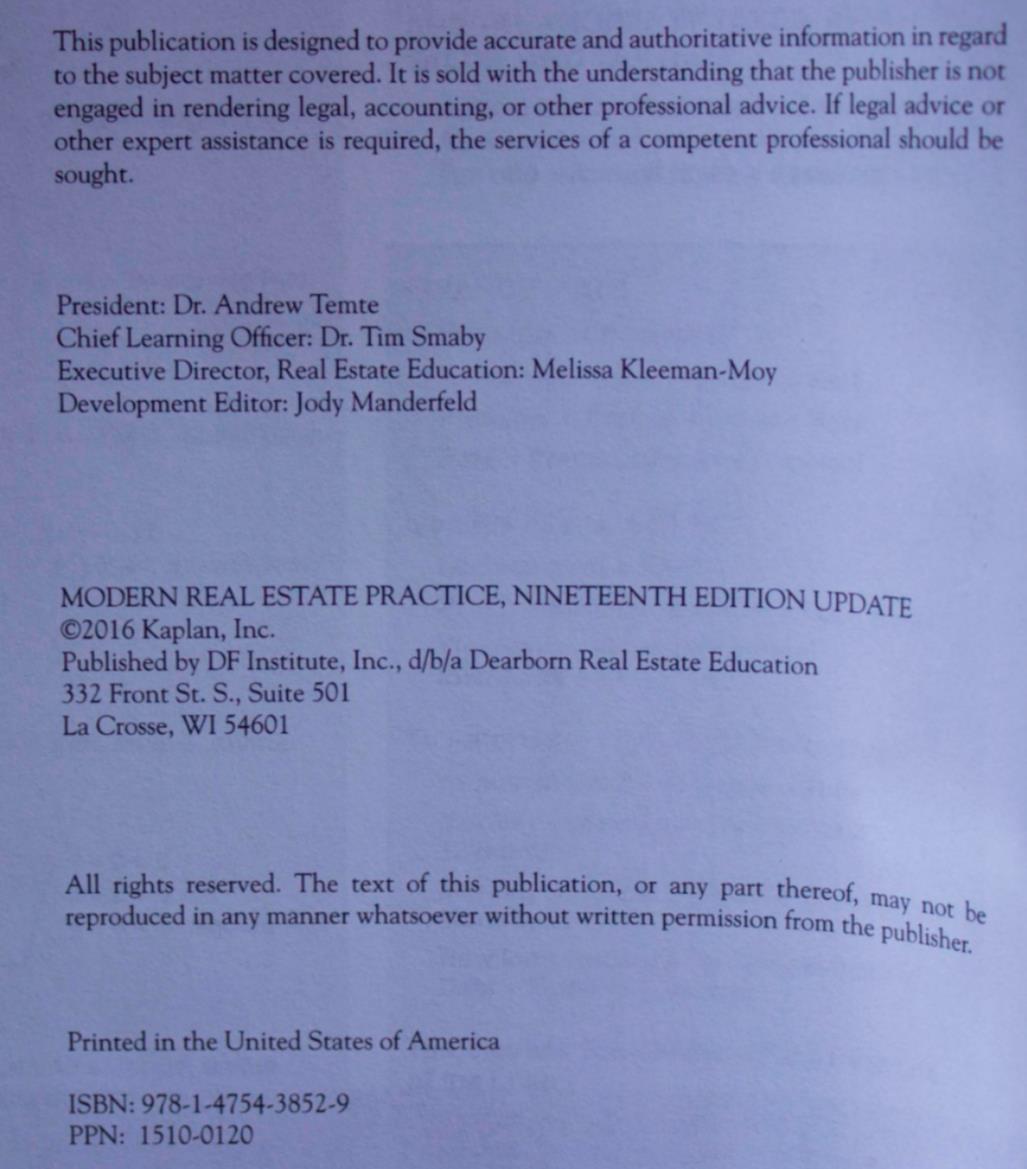 KEY REALTY SCHOOL Modern Real Estate Practice BOOK 19th Edition Update Paperback