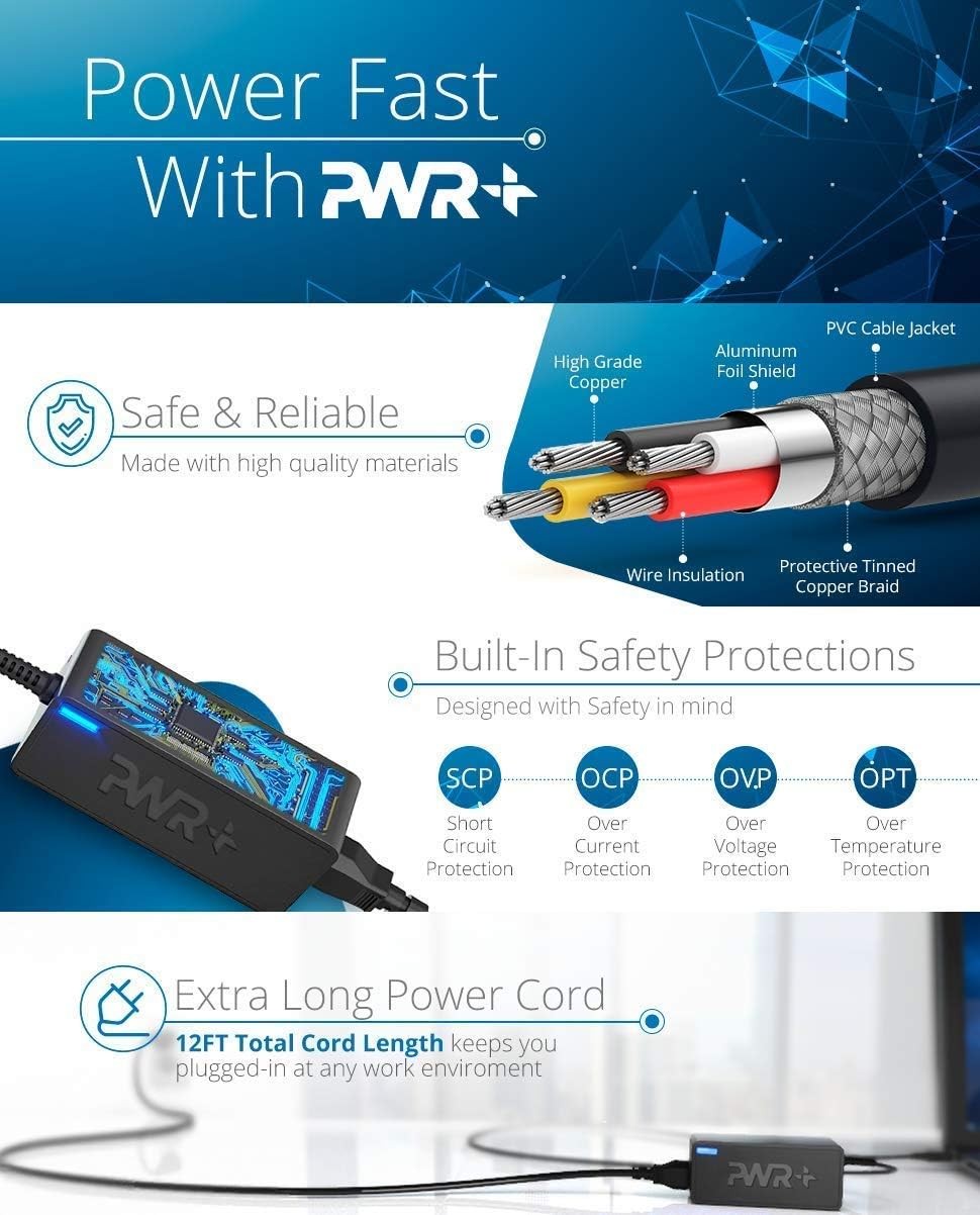New PWR+ 12 Ft AC Adapter CHARGER for Acer Chromebook 11 13 14 R11 N7 POWER CORD